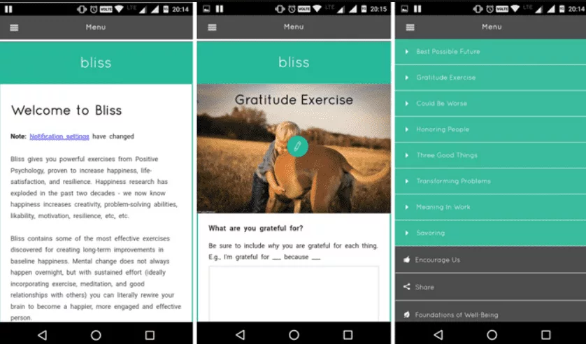 Bliss android app screens
