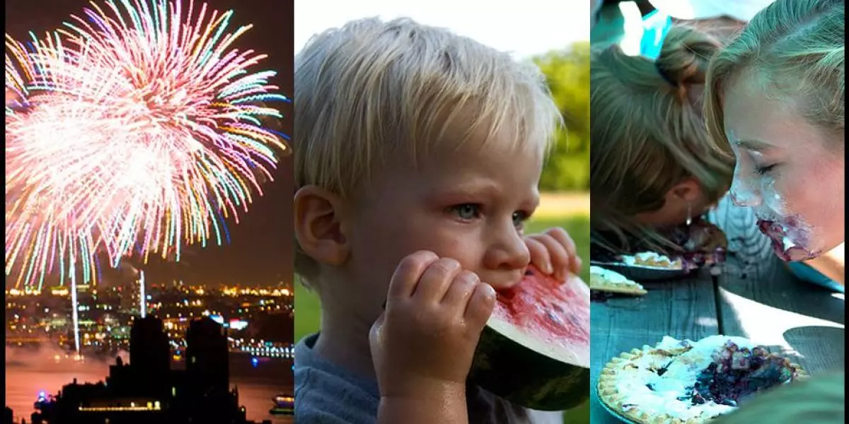 4th-of-July image with kids eating and fireworks