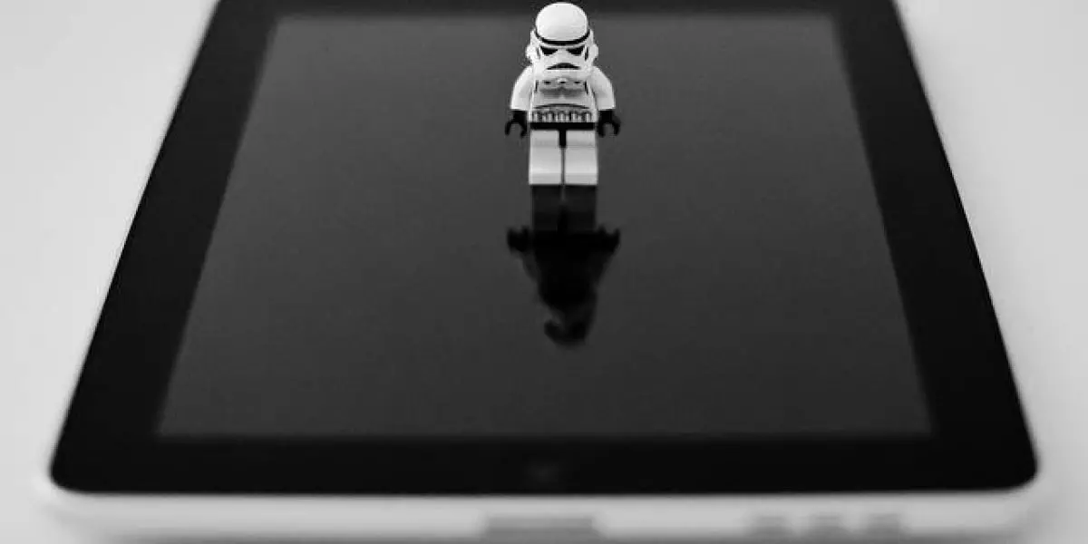 Lego stormtrooper on top on tablet